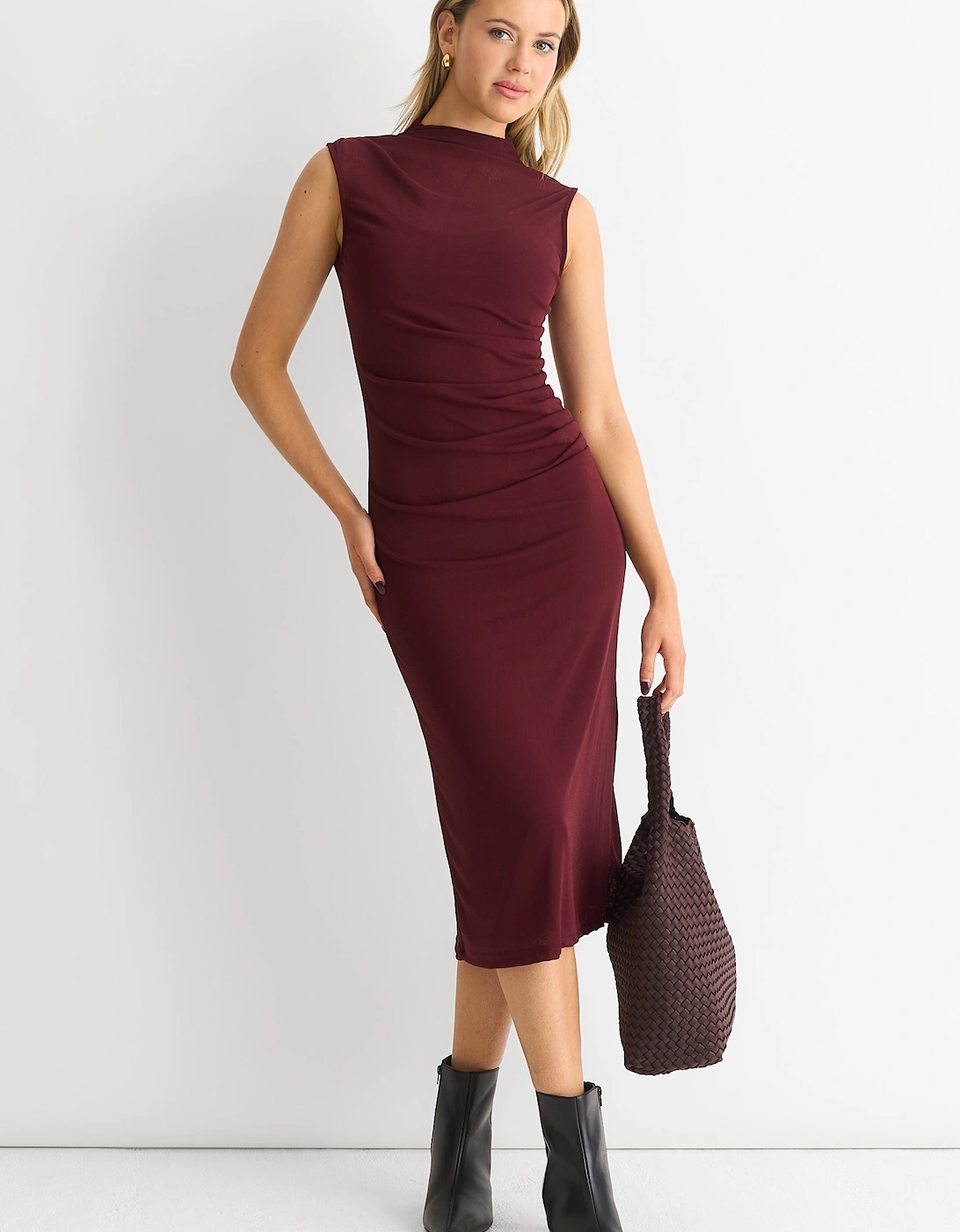 Gini London Women's Red Plain Ruched Jersey Midi Dress - : 10 Size 10