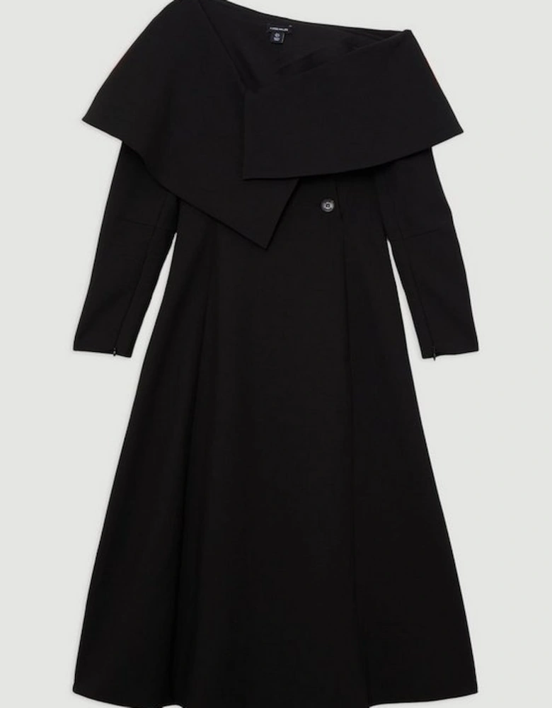 Compact Stretch Asymmetric Collar Long Sleeve Midi Dress