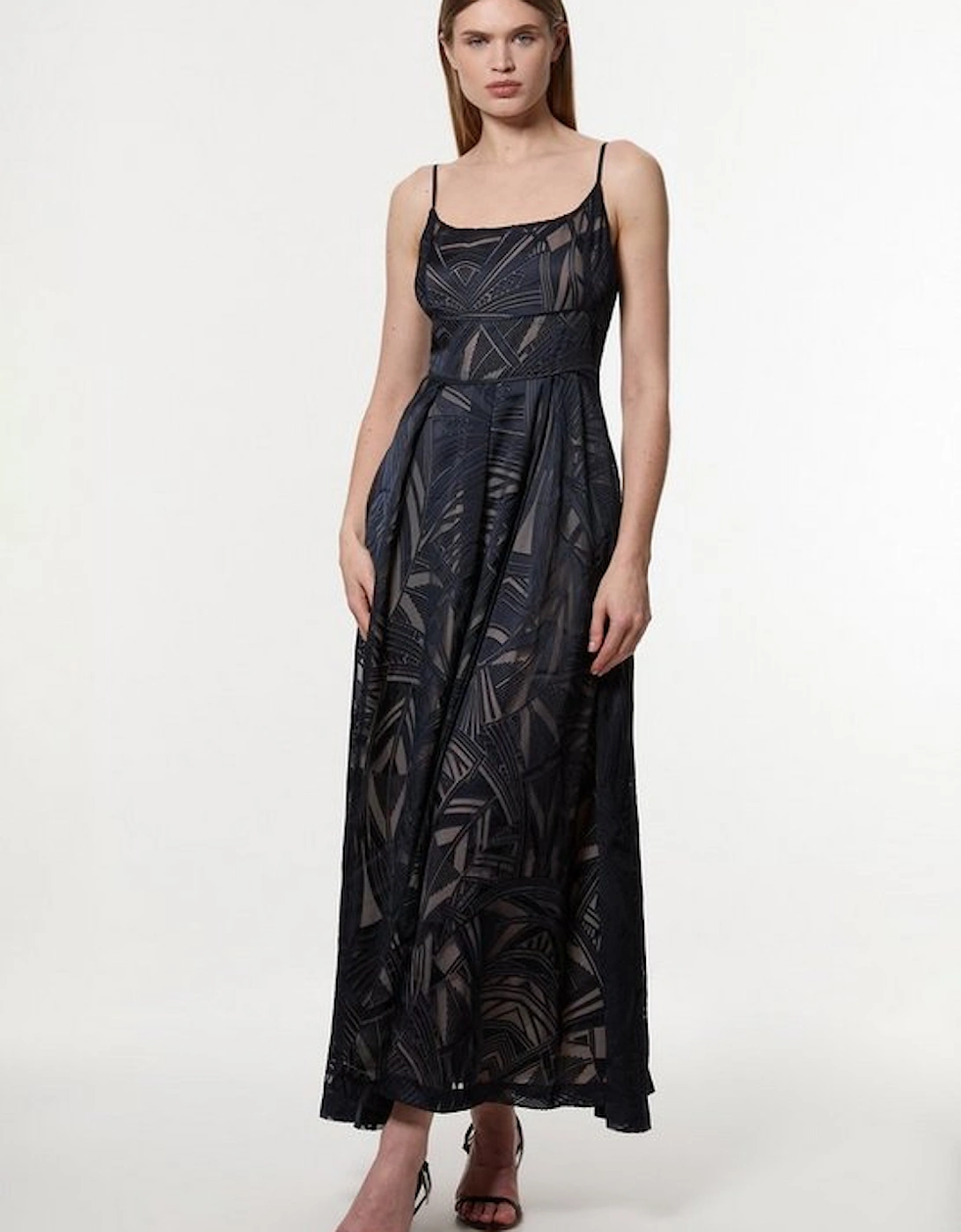 Amelia Graham Burnout Split Woven Prom Strappy Maxi Dress