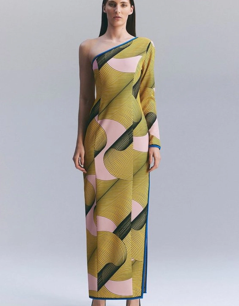 Amelia Graham Printed Cady One Shoulder Maxi Dress