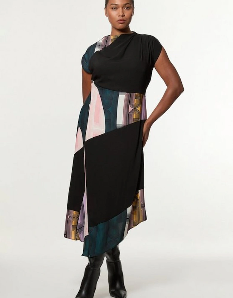 Amelia Graham Plus Size Soft Tailored Colour Block Printed Midi Dress