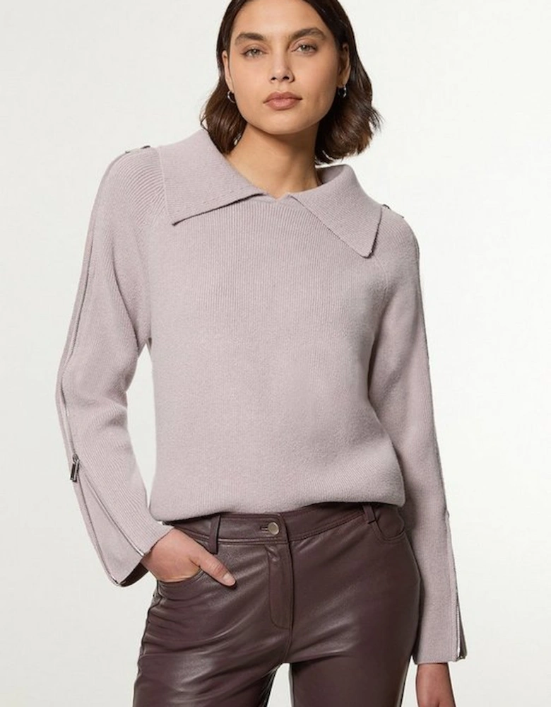 Compact Wool Look Zip Detail Fly Collar Jumper