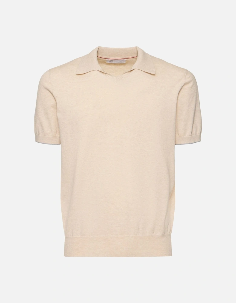 Open Neck Knitted Polo Shirt Beige