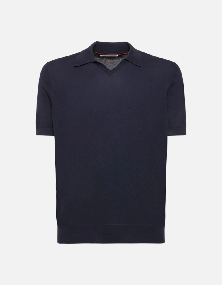 Open Neck Knitted Polo Shirt Blue