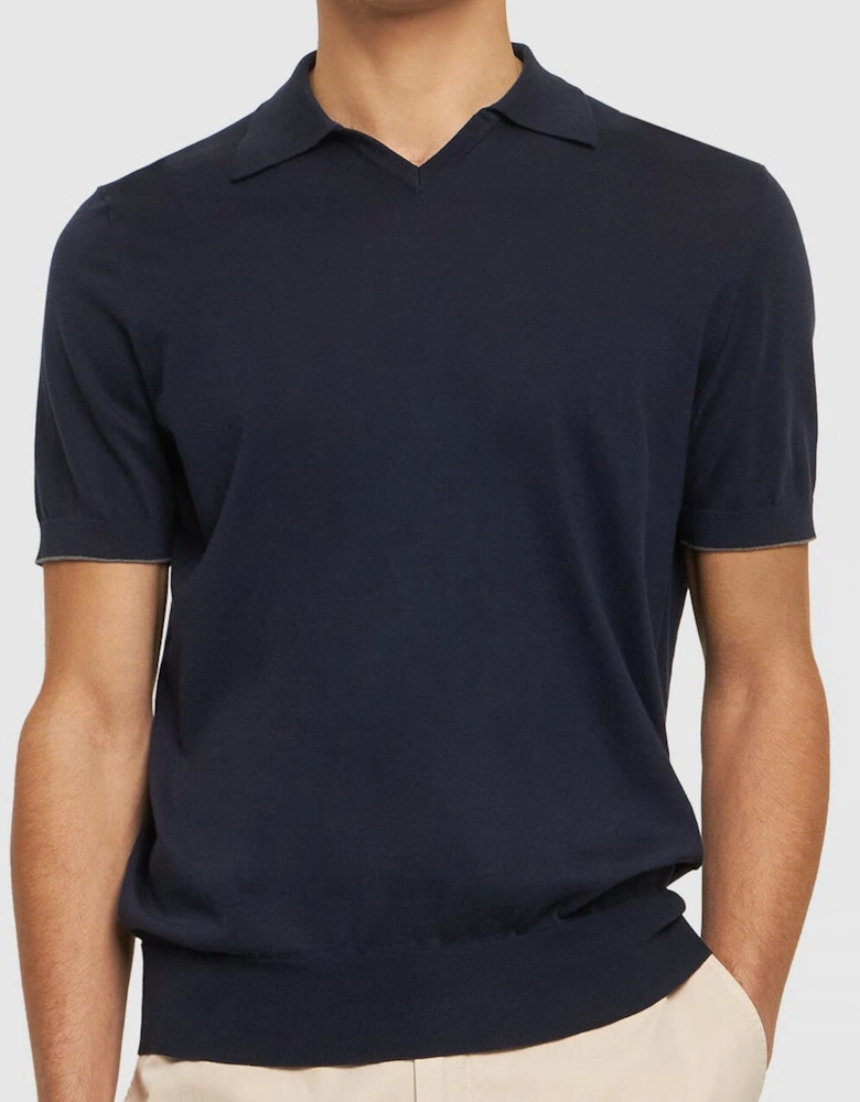 Open Neck Knitted Polo Shirt Blue