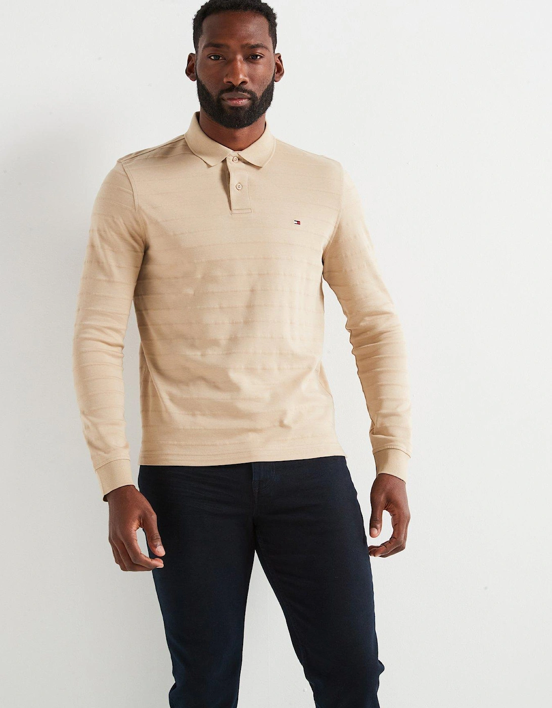 Regular Fit Mercerised Cotton Jacquard Stripe Long Sleeve Polo Shirt - Beige, 5 of 4