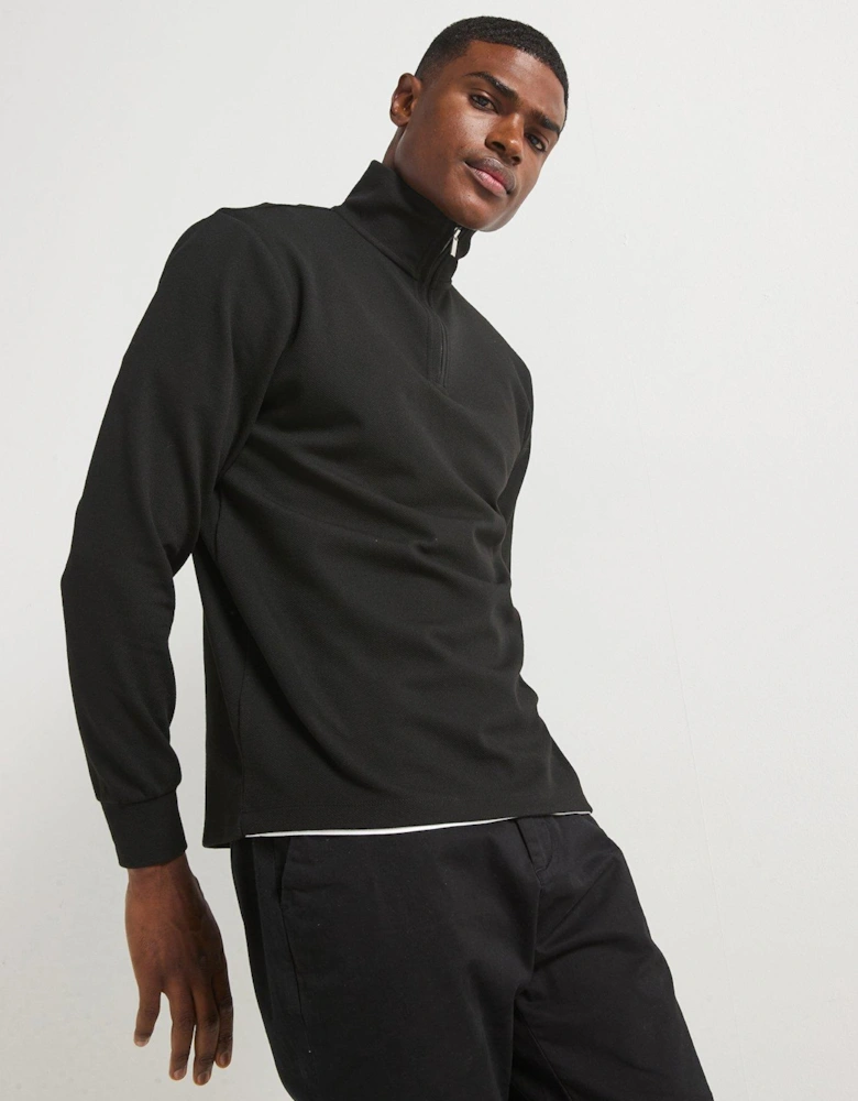 Slim Fit Smart Pique 1/2 Zip Sweat Top - Black