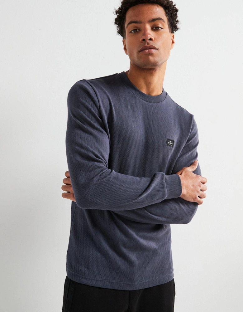 Woven Label Waffle Long Sleeve T-Shirt - Navy