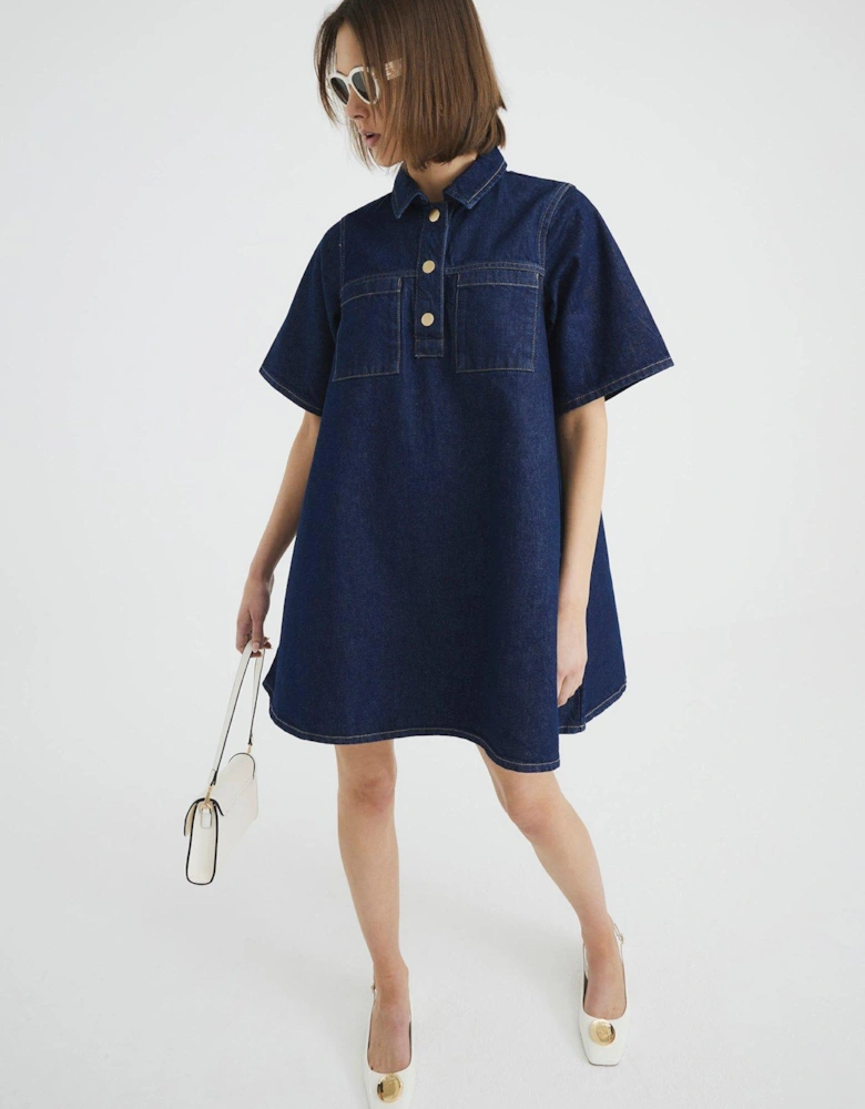 Collar Detail Denim Shirt Dress - Dark Denim - Blue