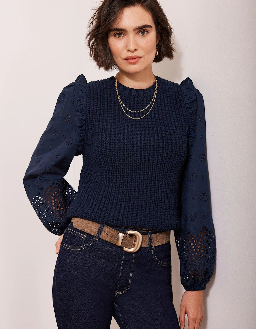 Cotton Blend Broderie Sleeve Jumper - Navy, 2 of 1