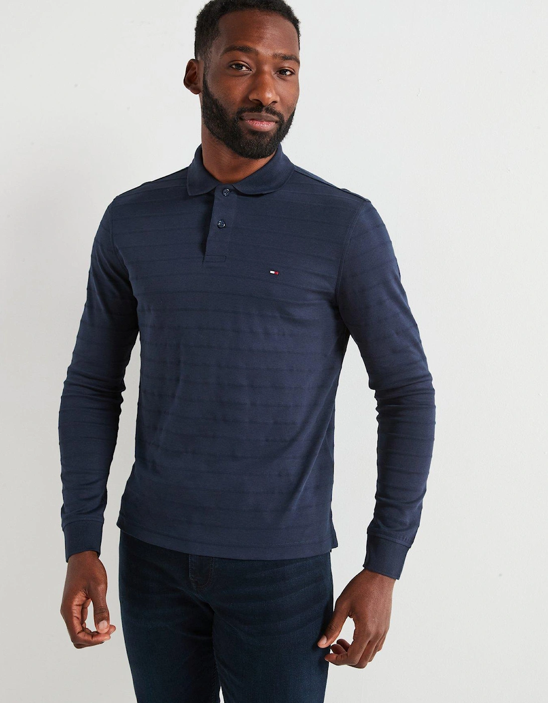 Regular Fit Mercerised Cotton Jacquard Stripe Long Sleeve Polo Shirt - Navy, 7 of 6