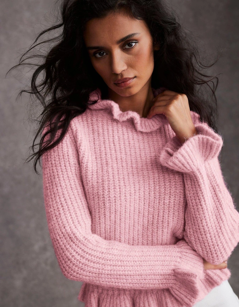 Wool Blend Ruffle Detail Jumper - Pink