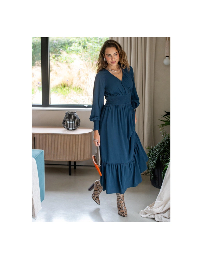 Carmen Fuller Bust Woven Elasticated Neckline Long Sleeve Midaxi Dress - Blue