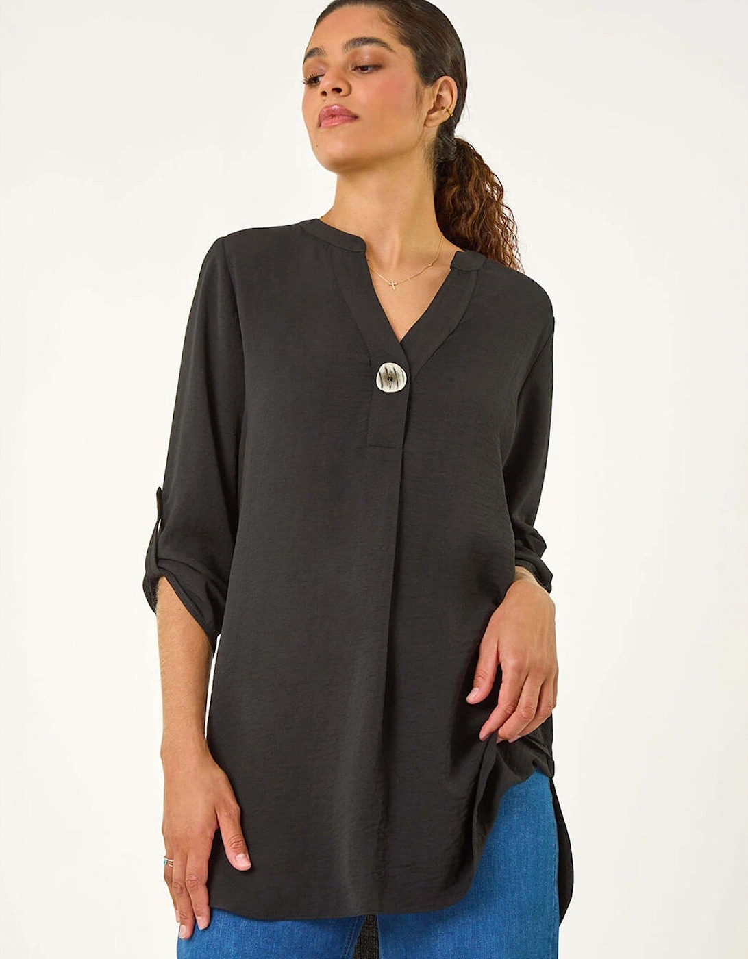 V-neck Button Detail Top - Black, 2 of 1