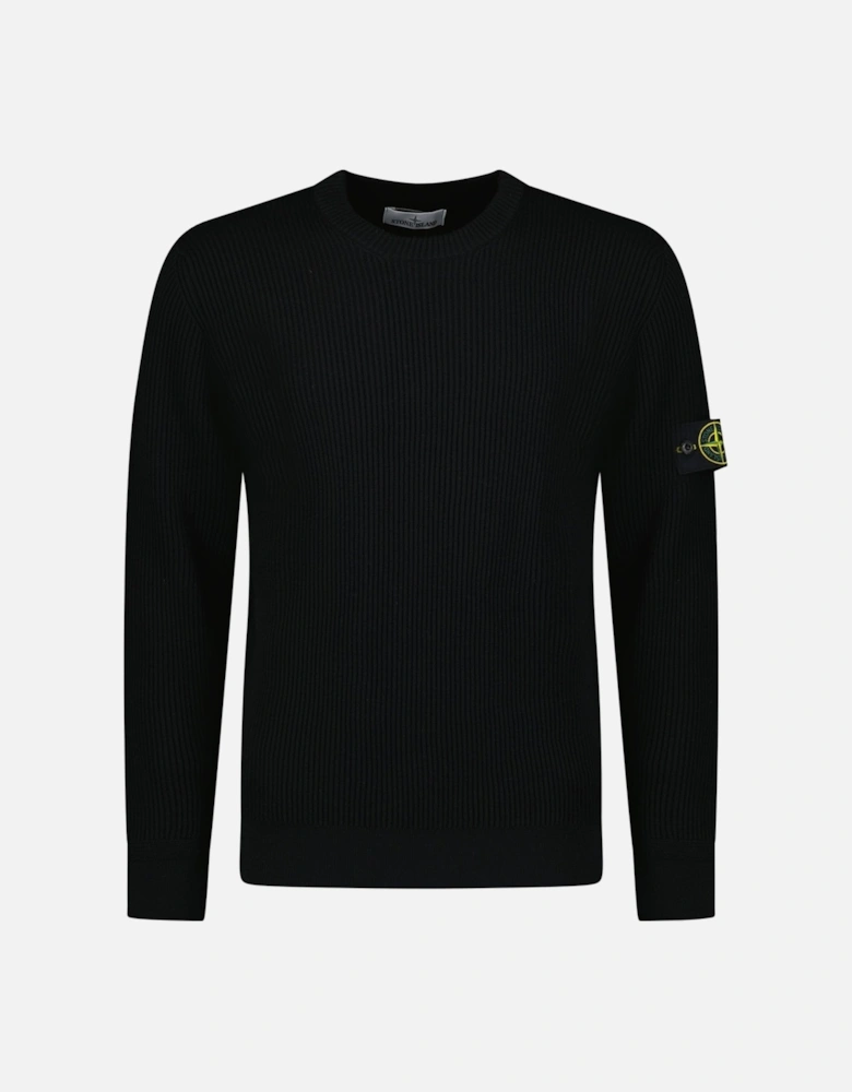 Full Rib RWS Wool Crewneck Sweater with Band Motif in Black