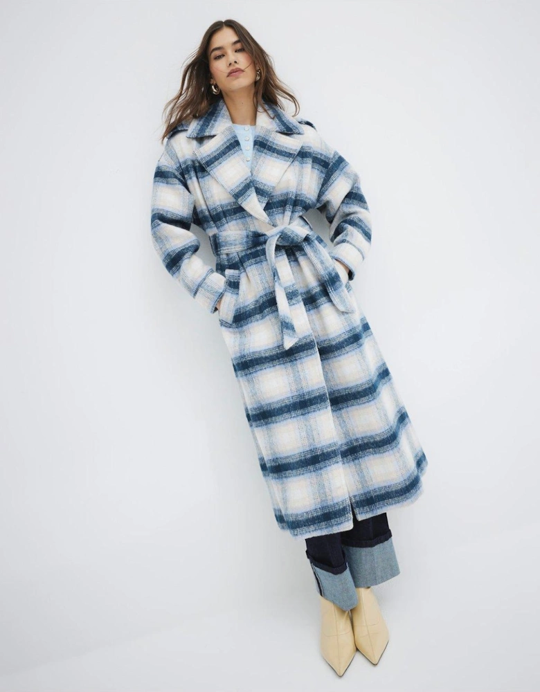 Check Belted Coat - Blue