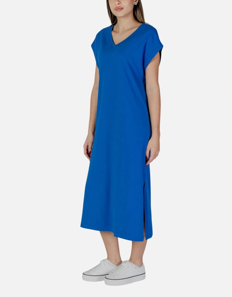 Plain V-Neck Short Sleeve Dress Women - Blue Dresses