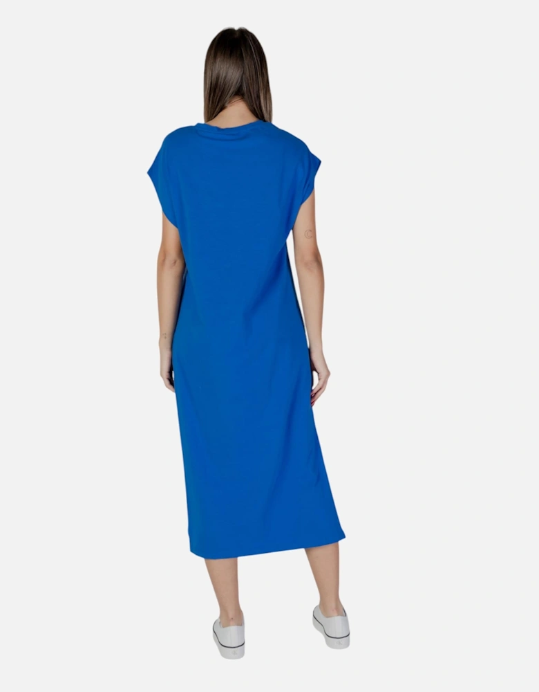 Plain V-Neck Short Sleeve Dress Women - Blue Dresses