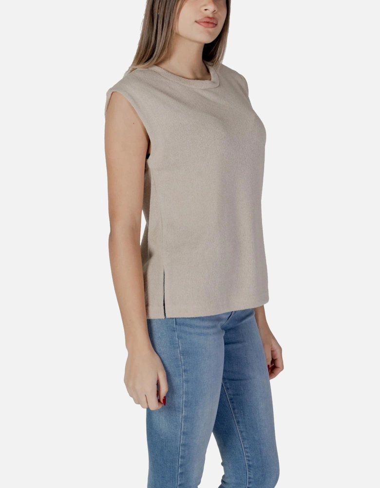 Plain Sleeveless Round Neck Tank-Top Women - Beige Tops