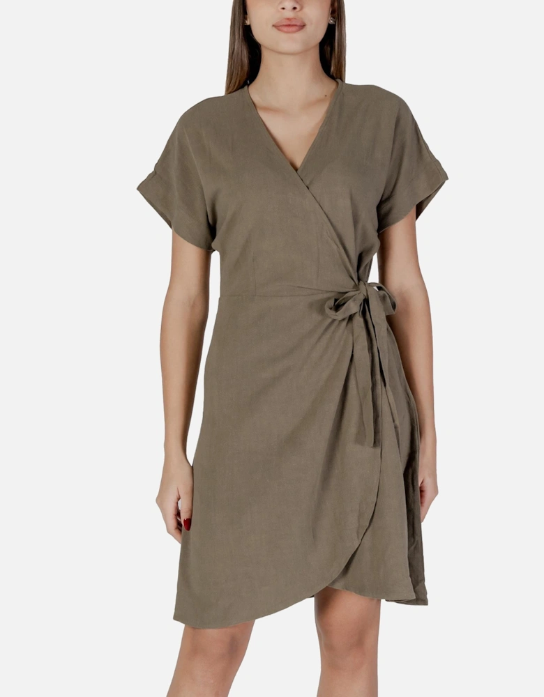 V-Neck Short Sleeve Linen-Blend Dress Women - Green Dresses
