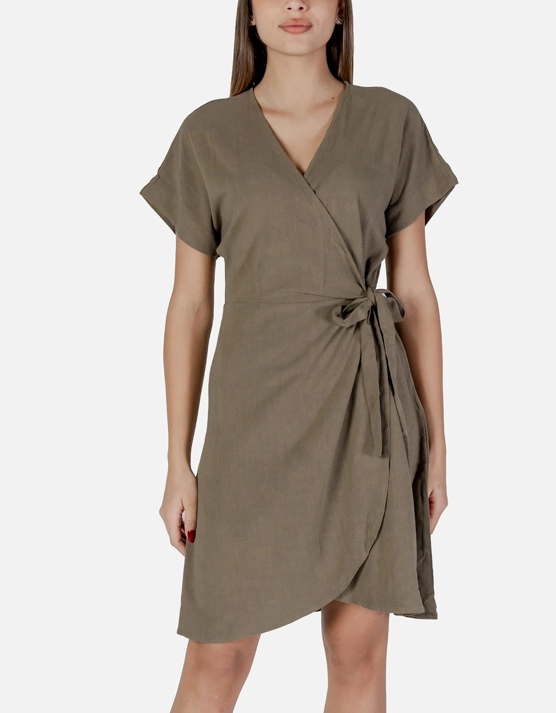V-Neck Short Sleeve Linen-Blend Dress Women - Green Dresses, 4 of 3