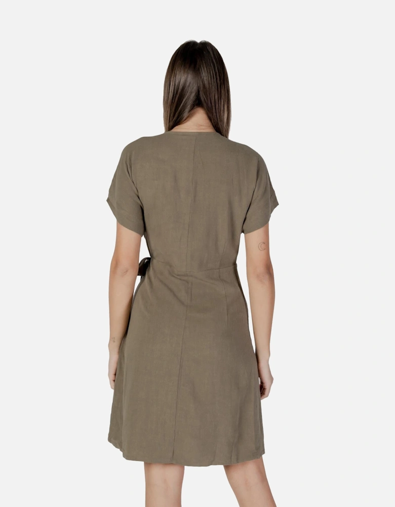 V-Neck Short Sleeve Linen-Blend Dress Women - Green Dresses