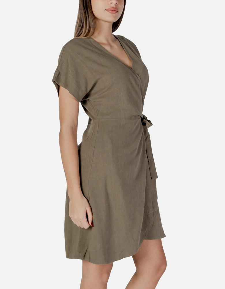 V-Neck Short Sleeve Linen-Blend Dress Women - Green Dresses