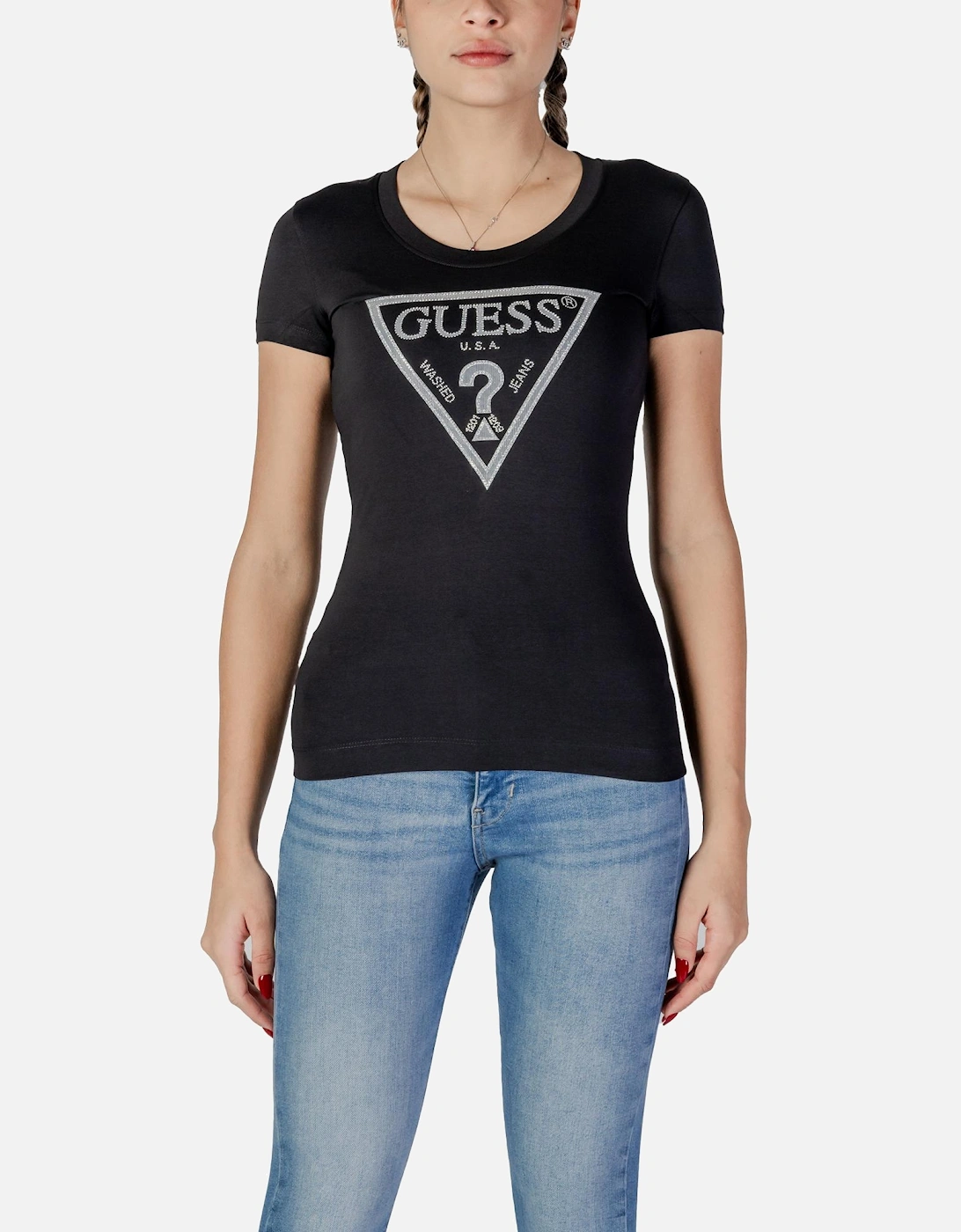 Printed Short Sleeve Round Neck T-Shirt Women - Black Shirts, 4 of 3