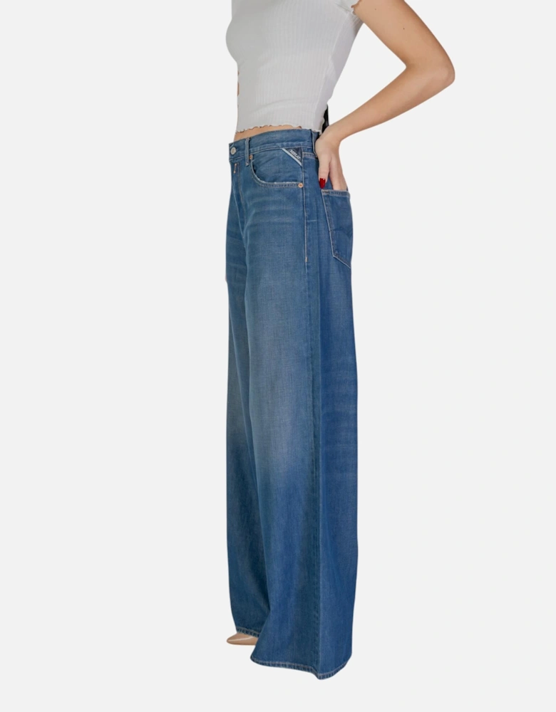 Zip and Button Plain Trousers with Pockets Women - Blue