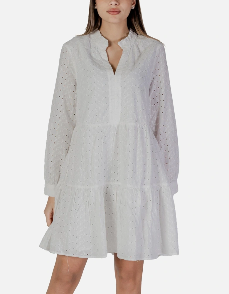 Mandarin Collar V-Neck Cotton Dress Women - White Dresses