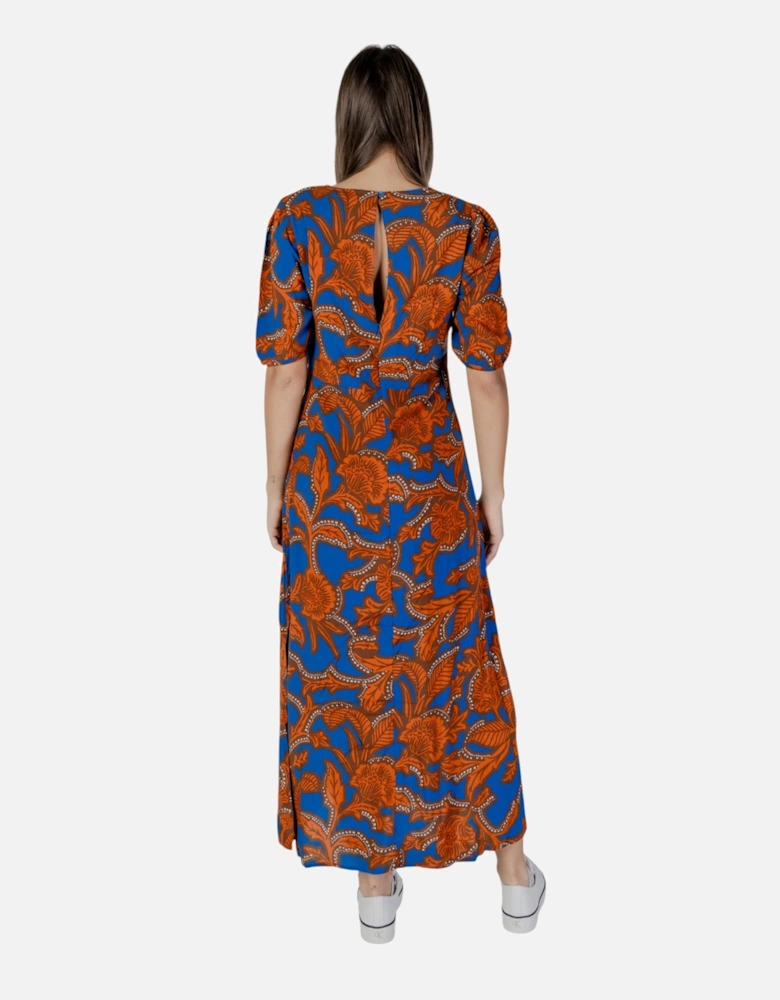 Printed V-Neck Short Sleeve Slip-On Dress Women - Blue Dresses