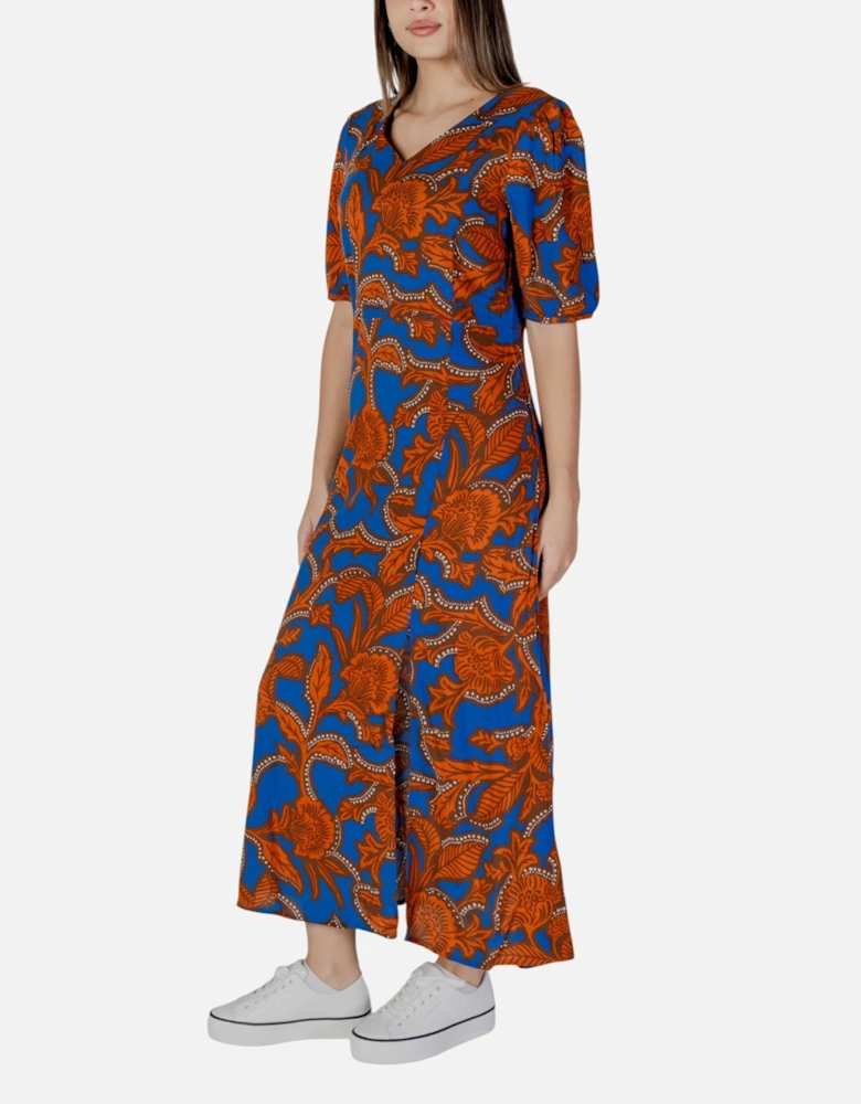 Printed V-Neck Short Sleeve Slip-On Dress Women - Blue Dresses