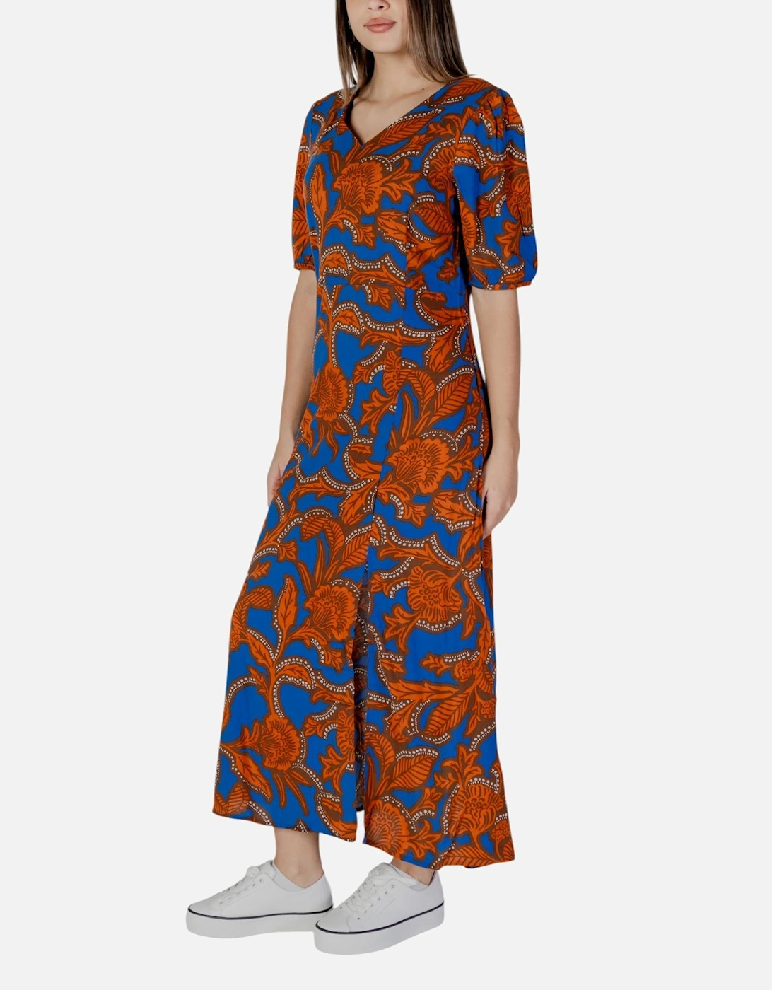 Printed V-Neck Short Sleeve Slip-On Dress Women - Blue Dresses