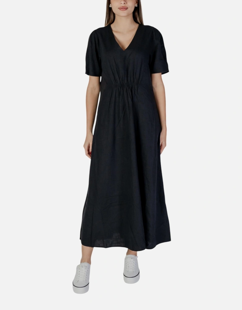 V-Neck Short Sleeve Plain Dress Women - Black Dresses