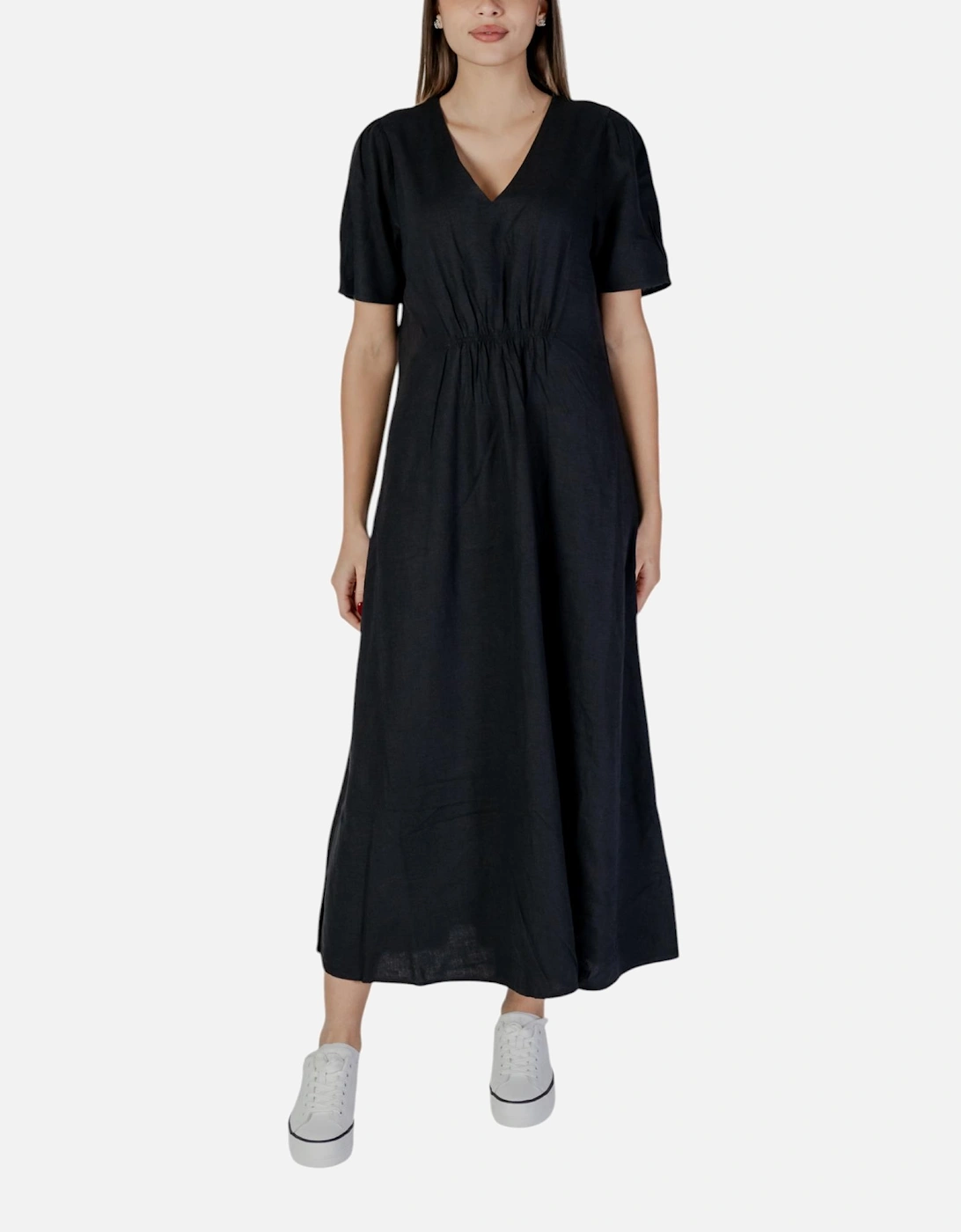 V-Neck Short Sleeve Plain Dress Women - Black Dresses, 4 of 3