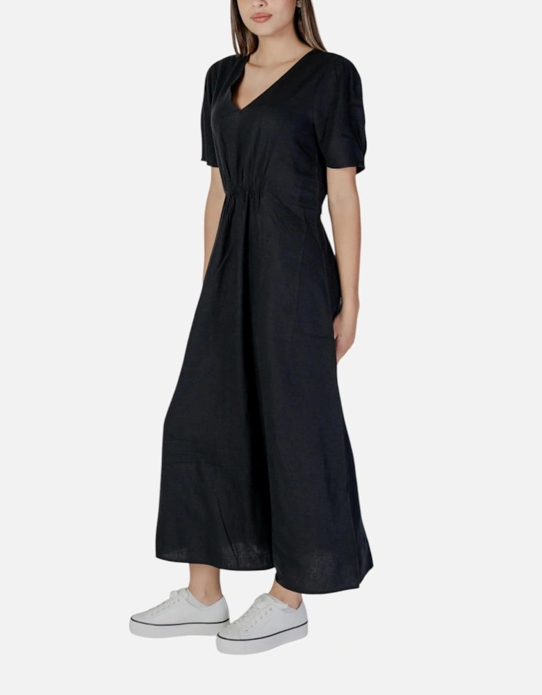 V-Neck Short Sleeve Plain Dress Women - Black Dresses