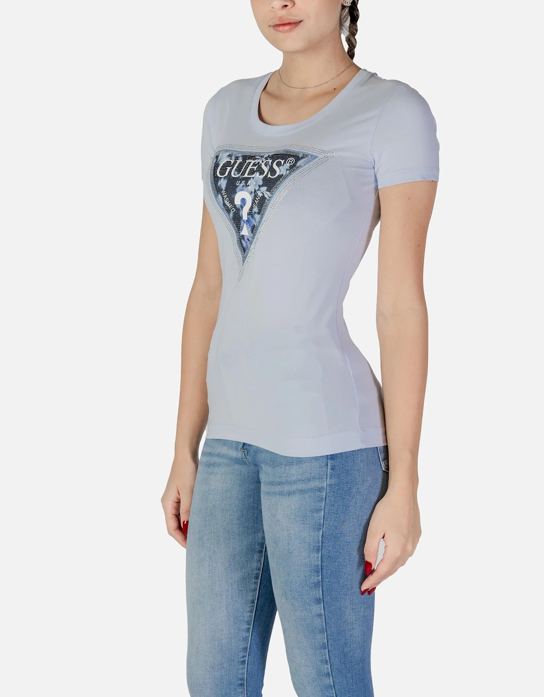 Printed Slip-On T-Shirt with Round Neck Women - Light Blue Shirts