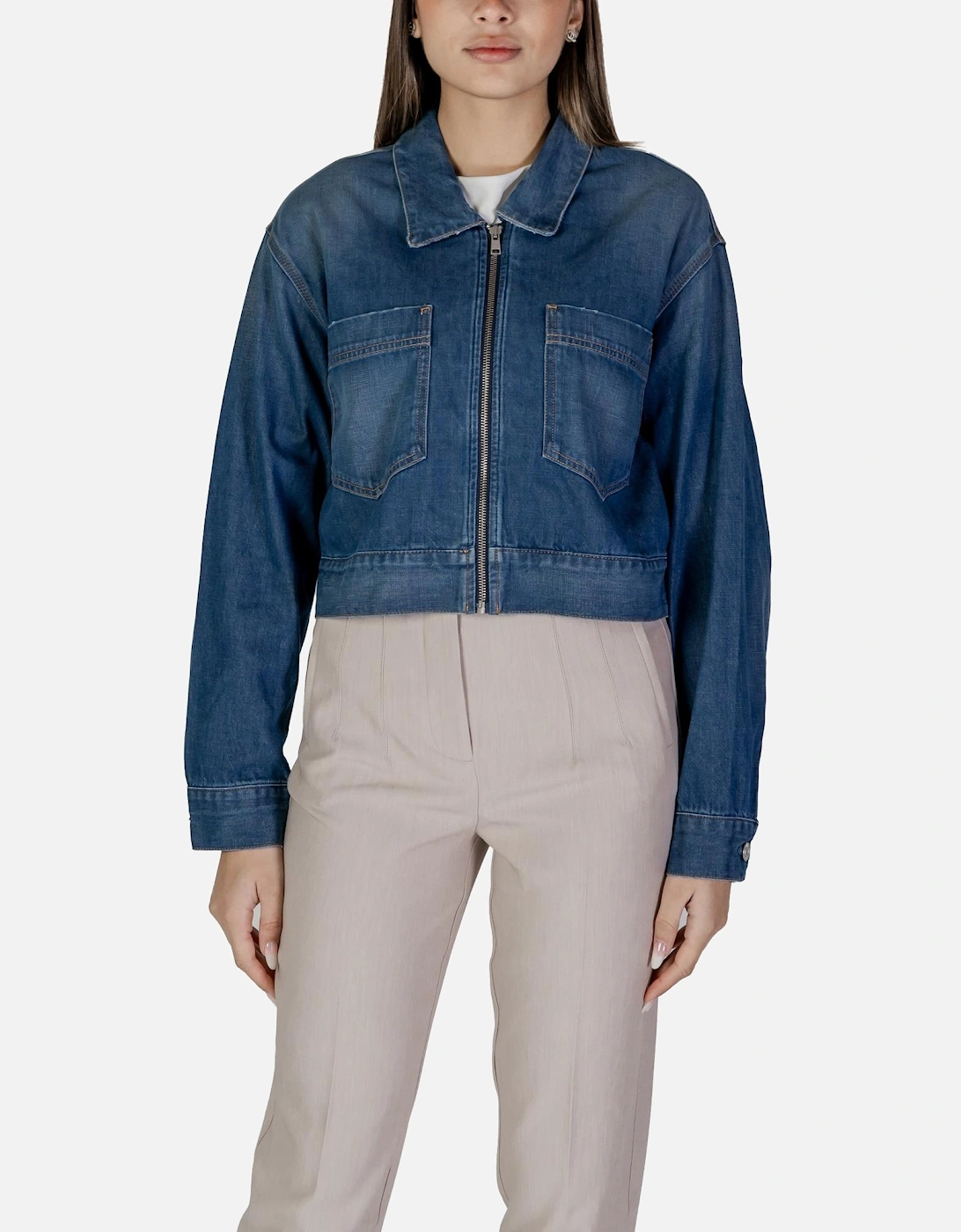Womens Zip-Up Polo Collar Blazer - Blue, 4 of 3
