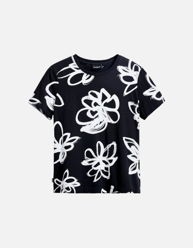 Printed Short Sleeve Round Neck T-Shirt Women - Black Shirts
