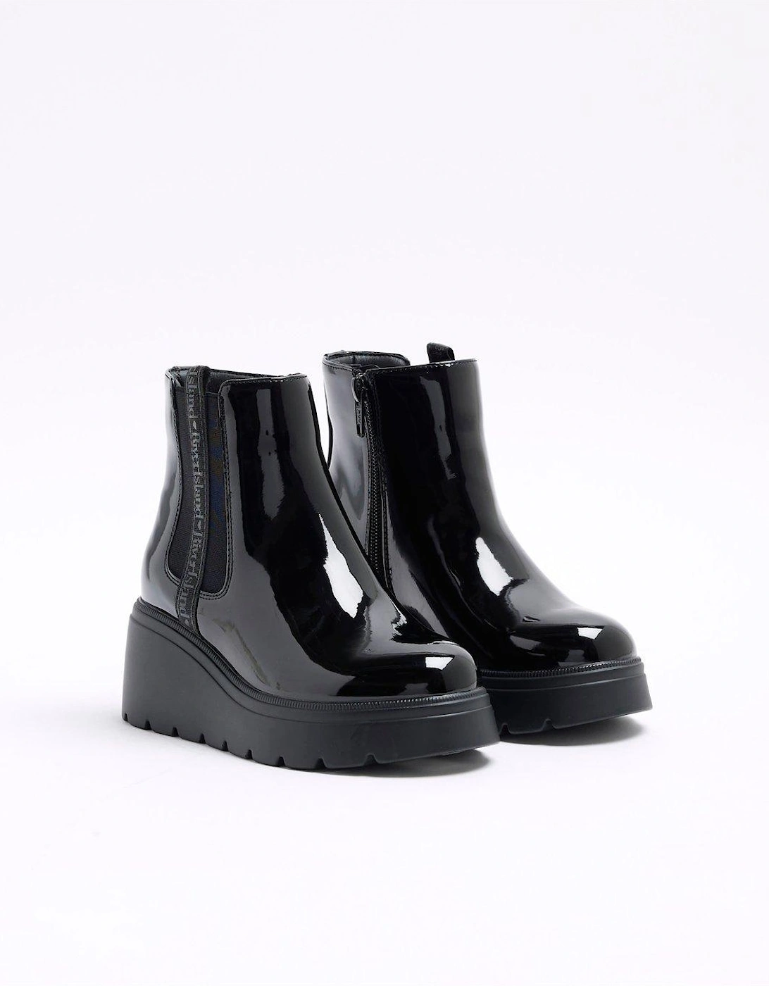 Girls Patent Wedge Boots - Black