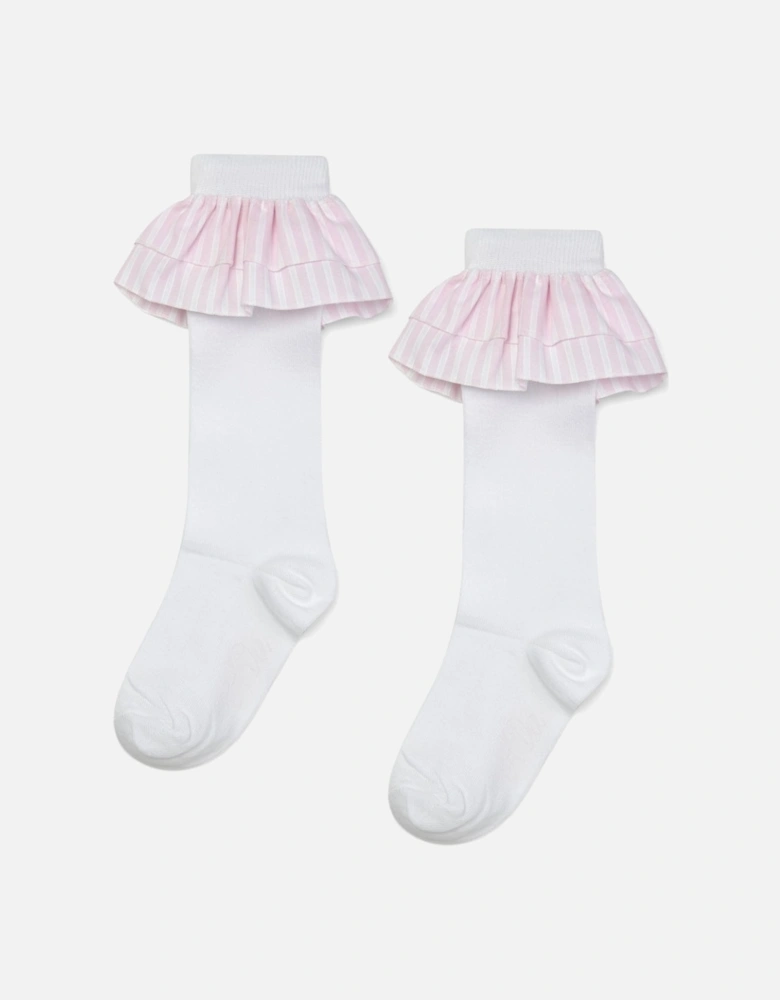 A DEE HEAVENLY HYDRANGEA COLETTE SEERSUCKER FRILL KNEE HIGH SOCK 1902 - BRIGHT WHITE