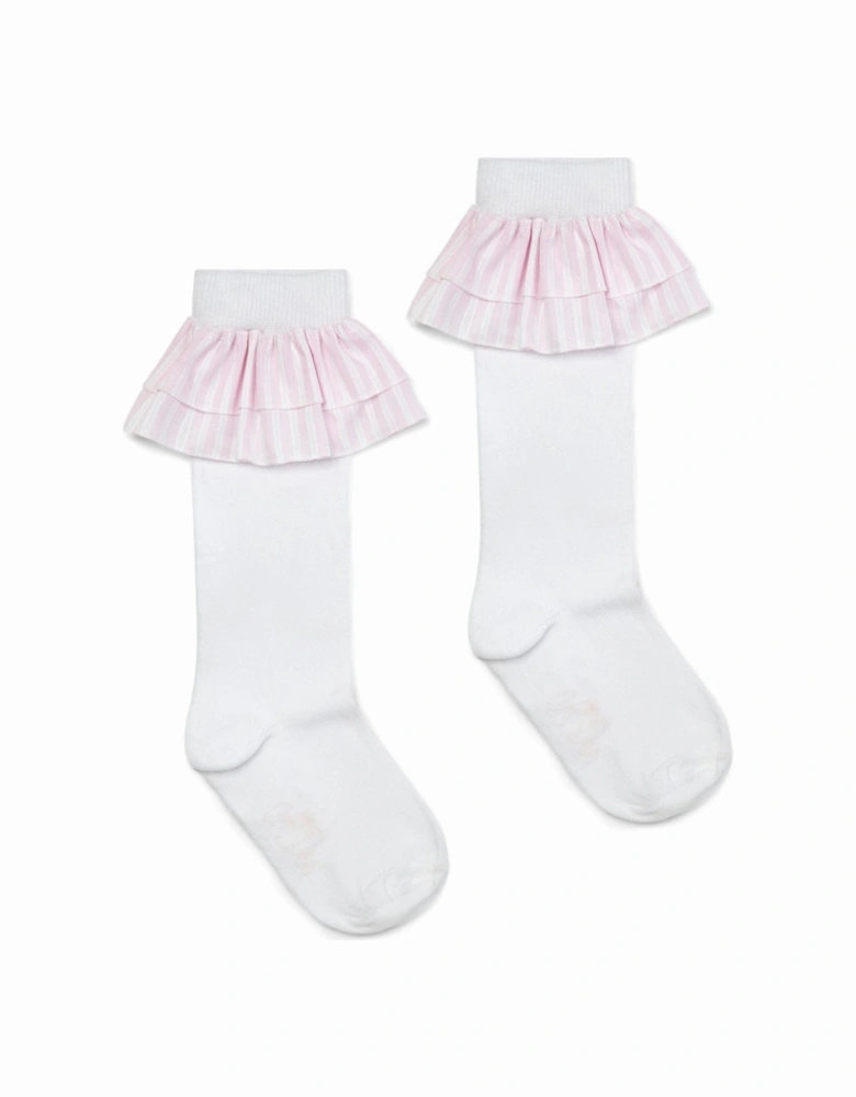 A DEE HEAVENLY HYDRANGEA COLETTE SEERSUCKER FRILL KNEE HIGH SOCK 1902 - BRIGHT WHITE