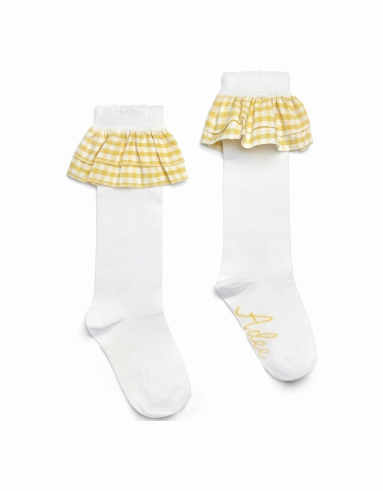 A DEE DAISY DREAMER DARIA CHECK FRILL KNEE HIGH SOCK 2911 - BRIGHT WHITE