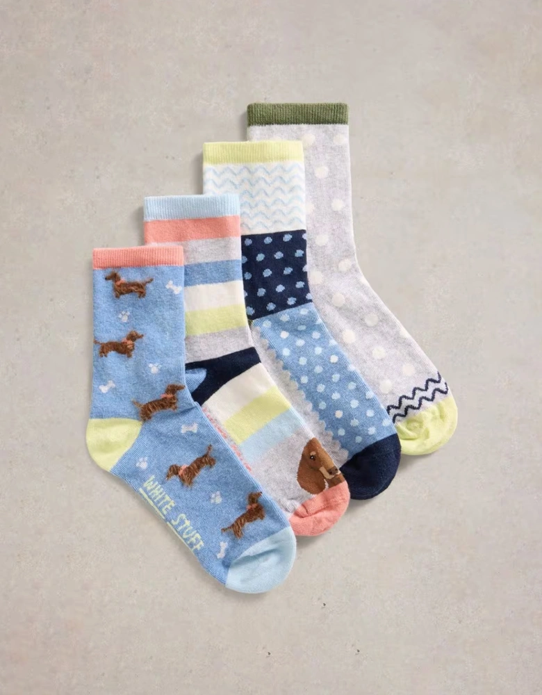 Women's Doggy Ankle Socks 4 Pack Blue Multi