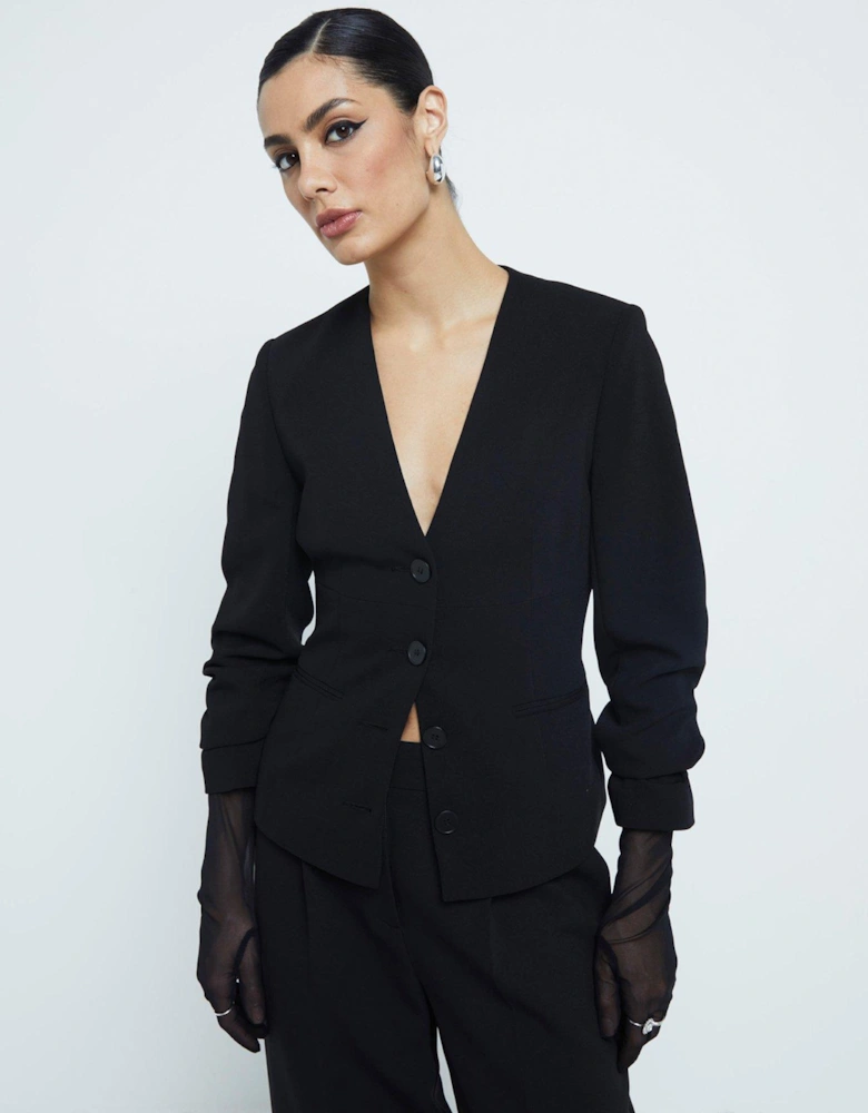 V Neck Button Front Blazer - Black