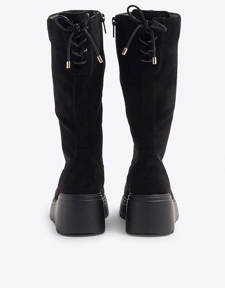 Older Girl Suedette Wedge Knee High Boots - Black