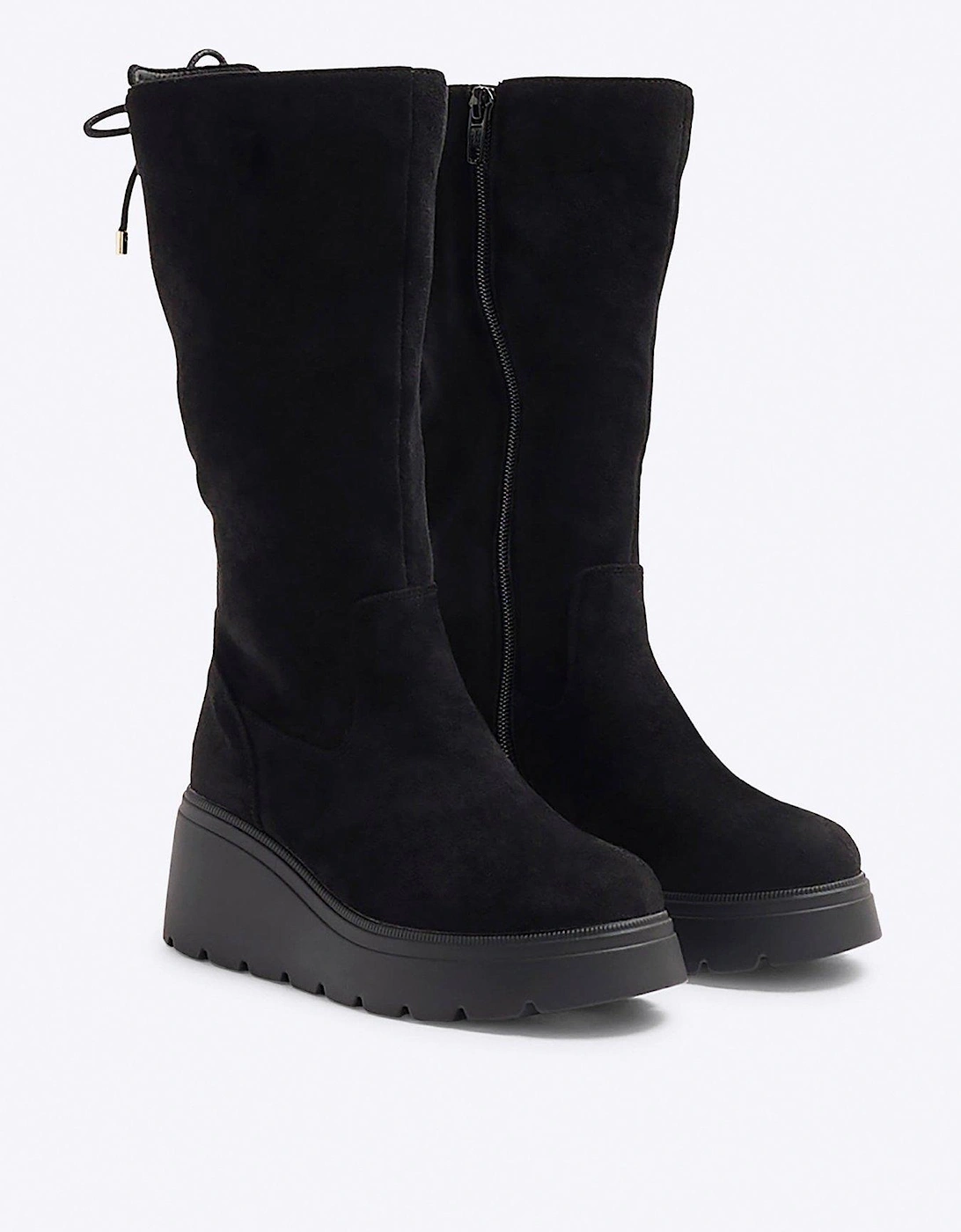 Older Girl Suedette Wedge Knee High Boots - Black