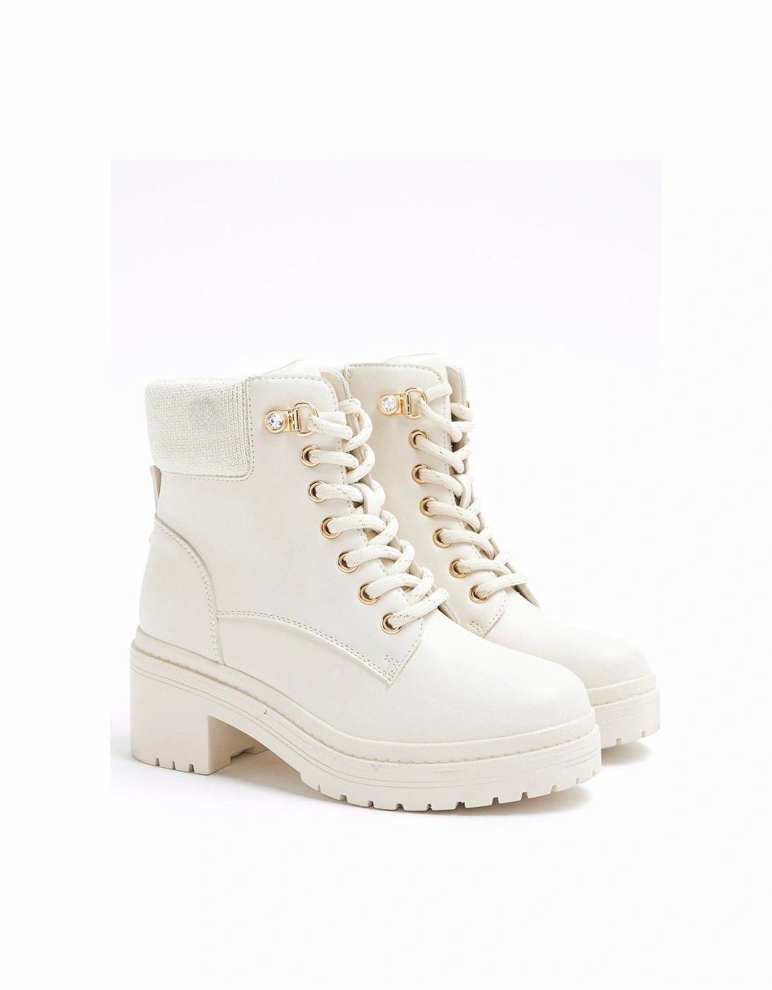 Girls Heeled Hiker Lace Up Boots - Cream