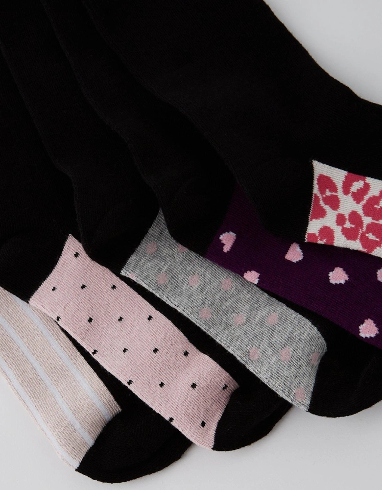5Pk Printed Ankle Socks - black
