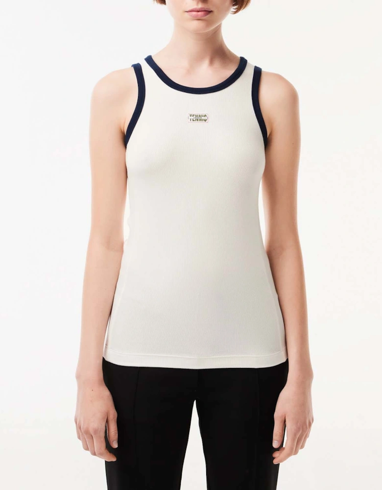 Flowing Rib Knit Tennis Badge Tank Top